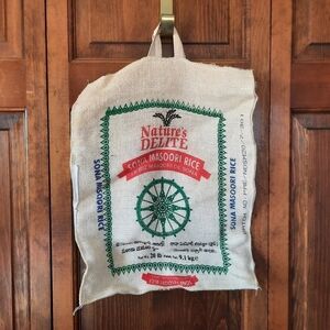 Nature's Delite Sona Masoori Rice 20lb top handle woven reusable rice tote bag